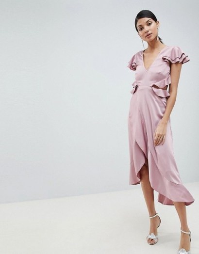 ASOS DESIGN Tall ruffle midi dress in rippled satin with cut out back in blush ~ pink party dresses - flipped