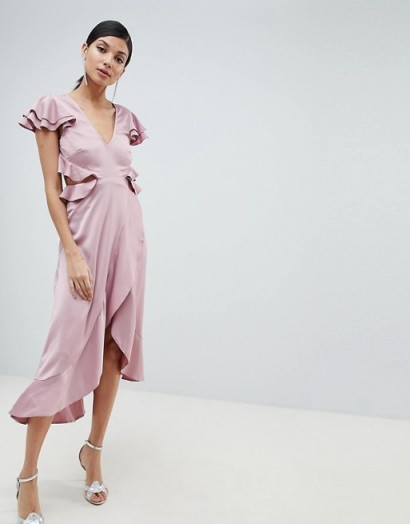 ASOS DESIGN Tall ruffle midi dress in rippled satin with cut out back in blush ~ pink party dresses