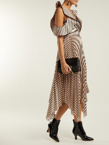 SELF-PORTRAIT Asymmetric striped satin dress ~ statement cold shoulder