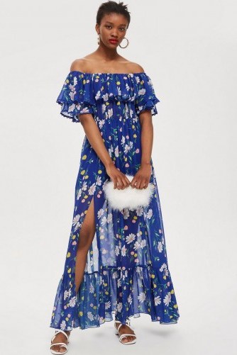 Topshop Blue Floral Bardot Maxi Dress | off the shoulder - flipped