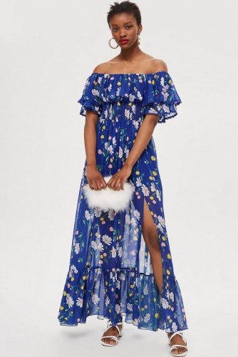Topshop Blue Floral Bardot Maxi Dress | off the shoulder