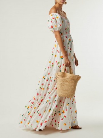 CAROLINE CONSTAS Bardot off-the-shoulder cotton-blend maxi dress ~ vacation look - flipped