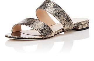 BARNEYS NEW YORK Double-Band Metallic Leather Slide Sandals | gold & black two strap flats - flipped
