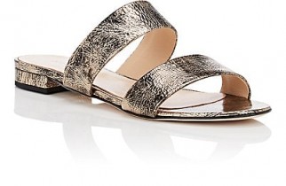 BARNEYS NEW YORK Double-Band Metallic Leather Slide Sandals | gold & black two strap flats