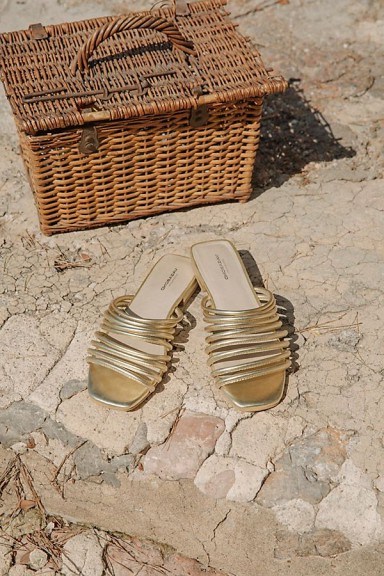 Vagabond Shoemakers Becky Slide Sandal in gold | strappy summer flats - flipped