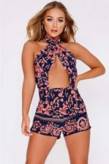 BILLIE FAIERS NAVY BAROQUE PRINT CROSS FRONT HALTERNECK PLAYSUIT ~ glamorous cut out style