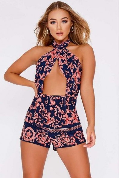 BILLIE FAIERS NAVY BAROQUE PRINT CROSS FRONT HALTERNECK PLAYSUIT ~ glamorous cut out style - flipped