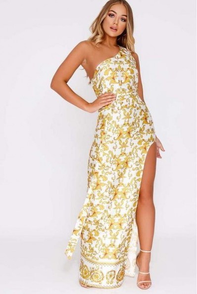 BILLIE FAIERS WHITE BAROQUE PRINT SIDE SPLIT MAXI DRESS ~ luxe style ~ going out glamour - flipped