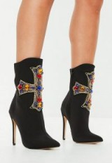 black cross embellished stretch ankle boots – large multicoloured jewelled crosses