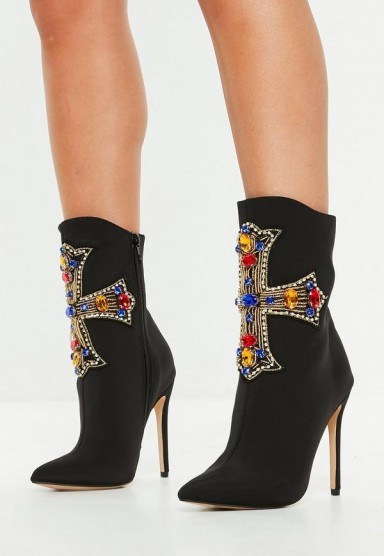 black cross embellished stretch ankle boots – large multicoloured jewelled crosses - flipped