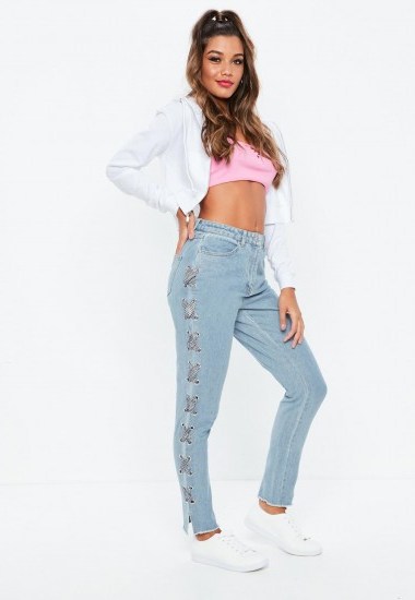 missguided blue riot highrise gingham lace up jeans – high waisted – casual – denim – slit hem - flipped