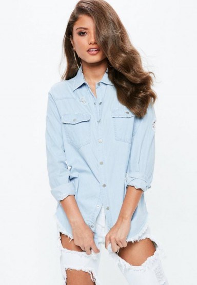 missguided blue stonewash fitted distressed denim shirt – ripped – frayed – casual – shirts - flipped