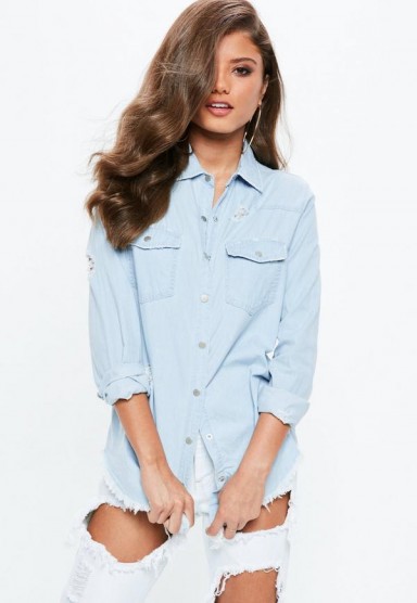missguided blue stonewash fitted distressed denim shirt – ripped – frayed – casual – shirts