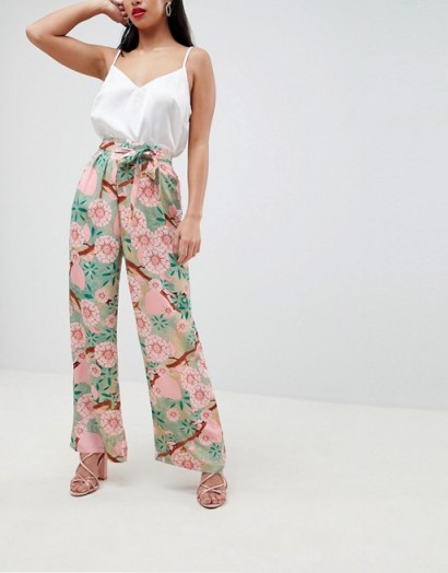 Boohoo Petite Wide Leg Floral Trousers – pink and green tie waist pants