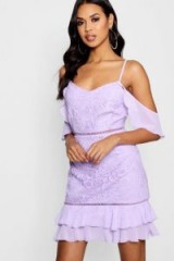 Boutique Harriet Lace Ruffle Mini Dress in Lilac – gold shoulder – going out fashion