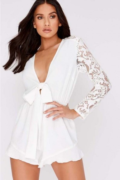 CHARLOTTE CROSBY WHITE TIE FRONT LACE SLEEVE PLAYSUIT – plunging neckline romper