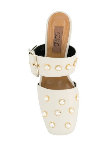 COLIAC pearl embellished mules ~ white leather chunky heeled mules