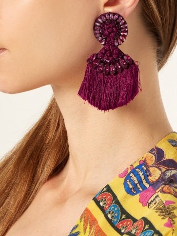 ETRO Crystal-embellished fringed clip-on earrings ~ dark-pink statement jewellery ~ tasseled accessories - flipped