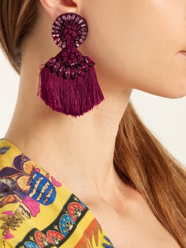 ETRO Crystal-embellished fringed clip-on earrings ~ dark-pink statement jewellery ~ tasseled accessories