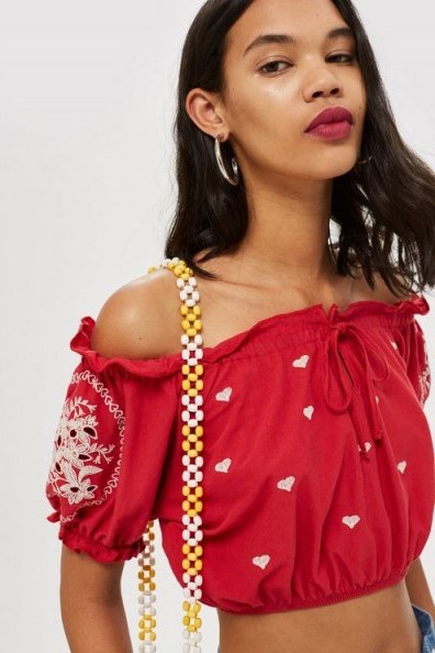 Topshop Cutwork Embroidered Gypsy Crop Top | red frill trimmed bardot - flipped