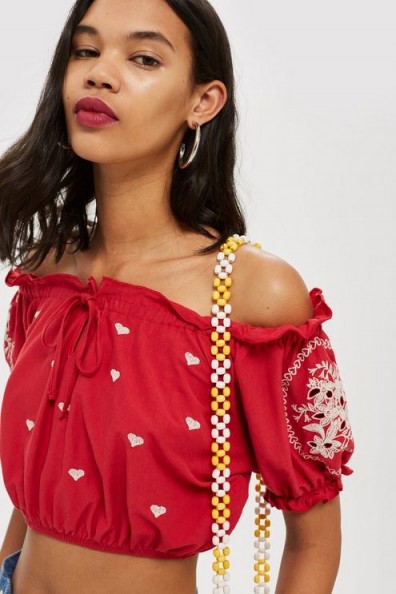 Topshop Cutwork Embroidered Gypsy Crop Top | red frill trimmed bardot