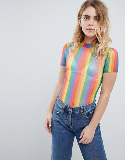 Daisy Street high neck body in rainbow mesh – sheer striped bodysuits - flipped