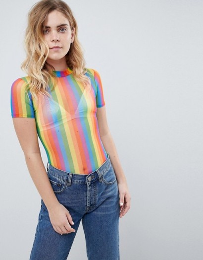 Daisy Street high neck body in rainbow mesh – sheer striped bodysuits