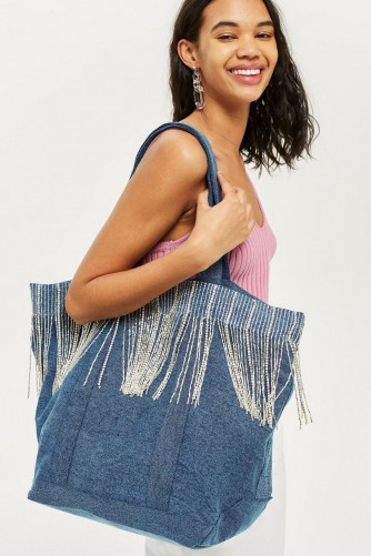 Topshop Denim Fringe Shopper Bag | large casual shoulder bags