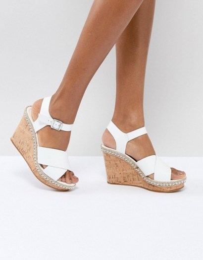 Dune Cork Wedge with Leather Tan Cross Straps | studded sandals - flipped