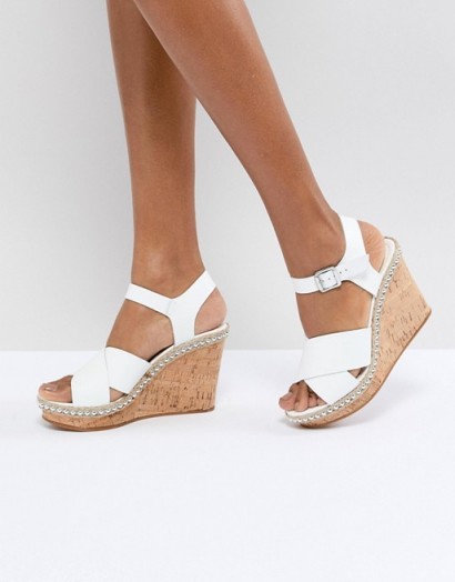 Dune Cork Wedge with Leather Tan Cross Straps | studded sandals