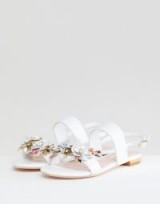 Dune Two Part Flat Leather Sandal in White with Flower Embellishment | sweet floral flats
