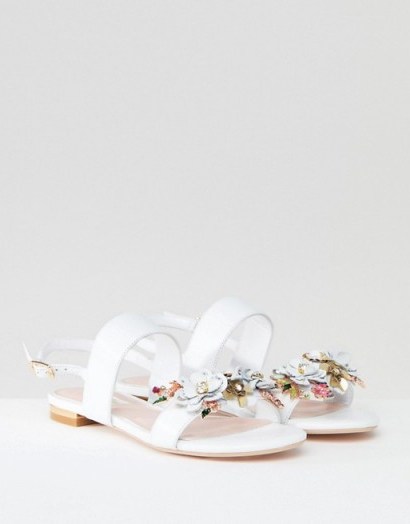 Dune Two Part Flat Leather Sandal in White with Flower Embellishment | sweet floral flats - flipped
