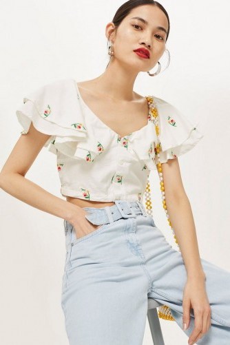 TOPSHOP Embroidered Frill Bardot Top / floral embroidery crop tops - flipped