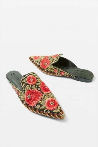 Topshop Embroidered Mules | pointed bohemian flats - flipped