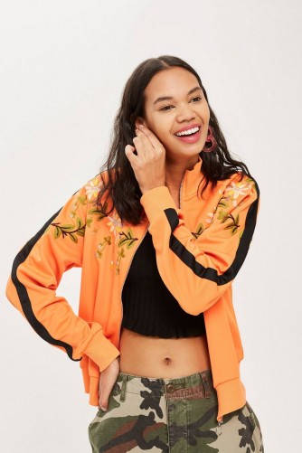 Topshop Embroidered Track Top | orange sporty zip front tops