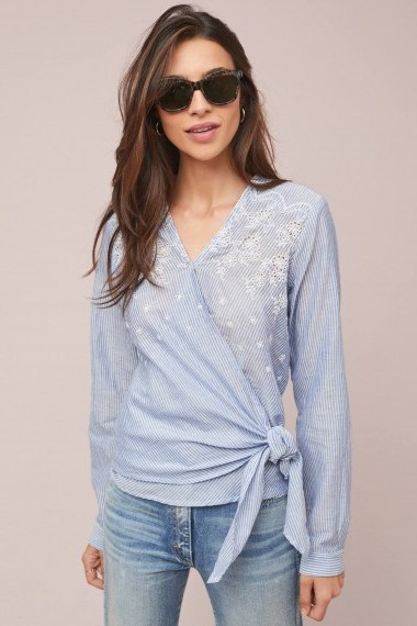 Heartloom Eyelet Striped Wrap Blouse in Sky – pretty tops for summer - flipped