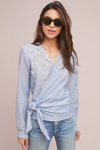 Heartloom Eyelet Striped Wrap Blouse in Sky – pretty tops for summer