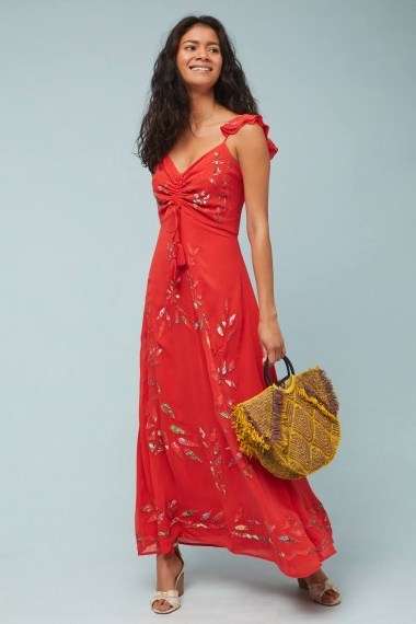 Farm Rio Quintana Maxi Dress in Bright Red ~ long floral applique summer dresses - flipped