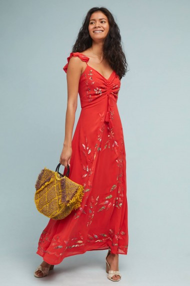 Farm Rio Quintana Maxi Dress in Bright Red ~ long floral applique summer dresses