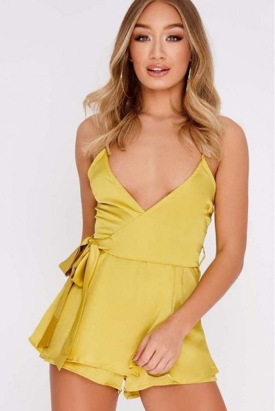 IN THE STYLE FARRAN LIME SATIN PLUNGE FRILL PLAYSUIT – silky strappy romper - flipped