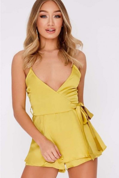 IN THE STYLE FARRAN LIME SATIN PLUNGE FRILL PLAYSUIT – silky strappy romper