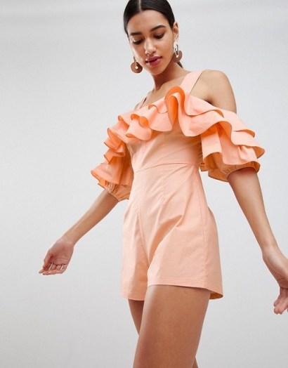 Fashion Union Off Shoulder Playsuit With Ruffle Layers in Apricot - flipped