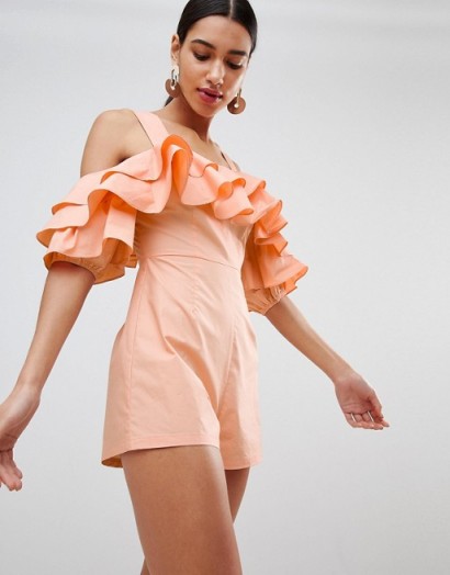 Fashion Union Off Shoulder Playsuit With Ruffle Layers in Apricot