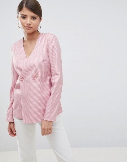 Fashion Union Relaxed Blazer In Fine Stripe – pink striped double breasted blazers - flipped