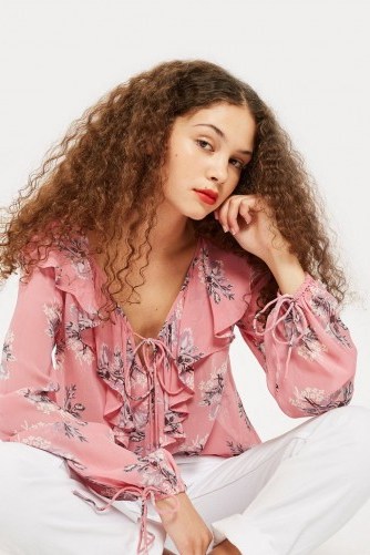 TOPSHOP Pink Floral Ruffle Blouse - flipped