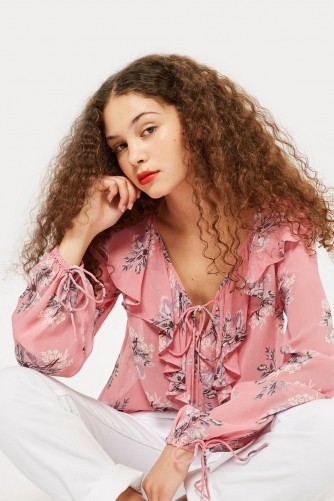 TOPSHOP Pink Floral Ruffle Blouse