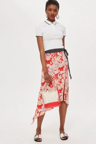 Topshop Floral Spot Trim Midi Skirt | asymmetric hem | front slit