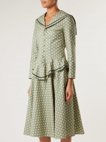 BATSHEVA Green Floral-print peplum sailor dress ~ Victoriana style clothing - flipped