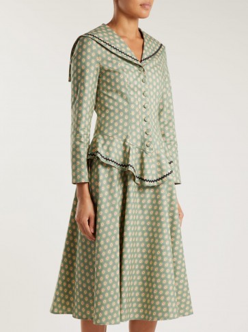 BATSHEVA Green Floral-print peplum sailor dress ~ Victoriana style clothing