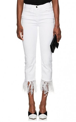 FRAME Le High Straight feather-trimmed Jeans ~ white denim - flipped